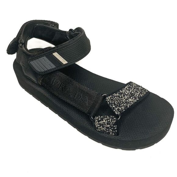 Prada Nomad Velcro Strap Dad Sandal Black Chunky Flat Platform Flatform EU 38.5